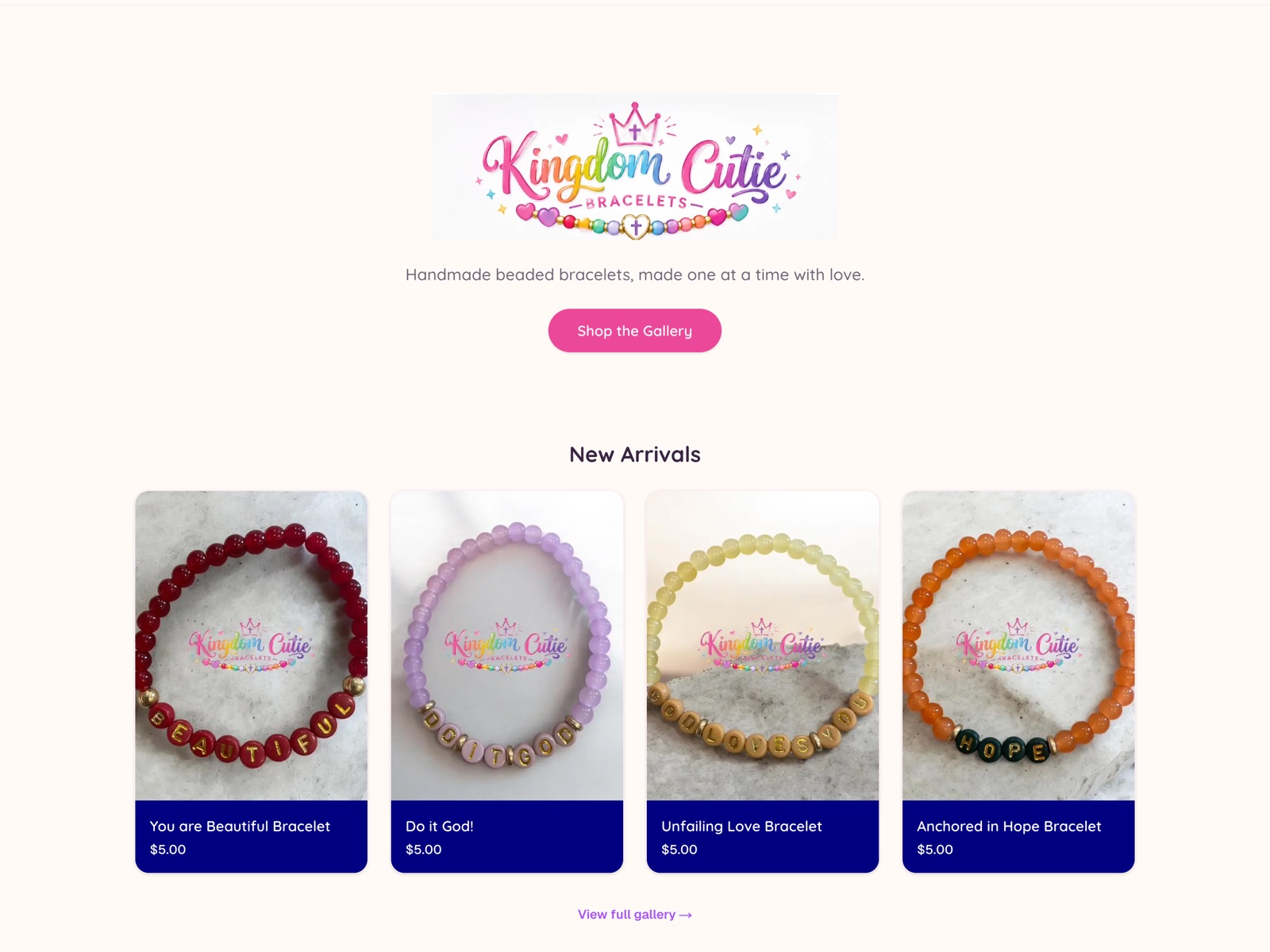 Kingdom Cutie Bracelets storefront — brand logo, tagline, and a New Arrivals grid of handmade beaded bracelets