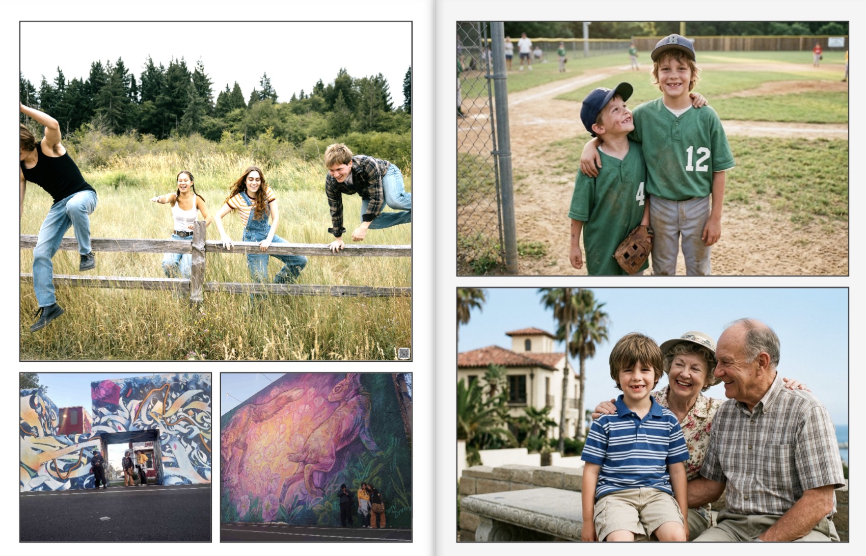 Everyday Love — a finished printed two-page spread, with a small scannable code in the corner of one photo